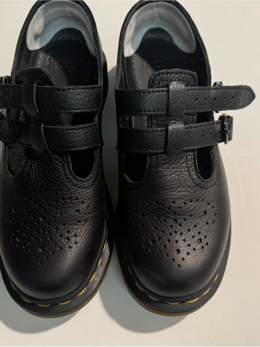 Dr. Martens Black Leather Mary Jane Shoes with Yellow Stitching